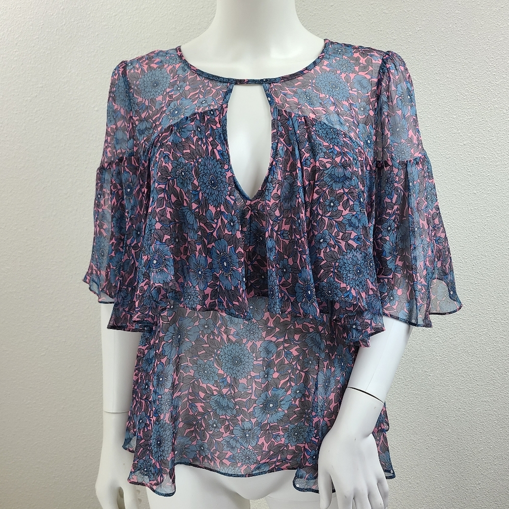 NWT Pink And Blue Floral Print Ruffle Silk Top By Veronica Beard Size 8
